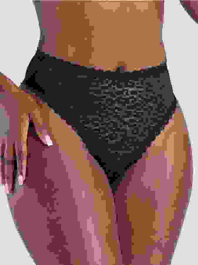 Lovehoney Black High-Waisted Leopard Lace Thong, Black, hi-res